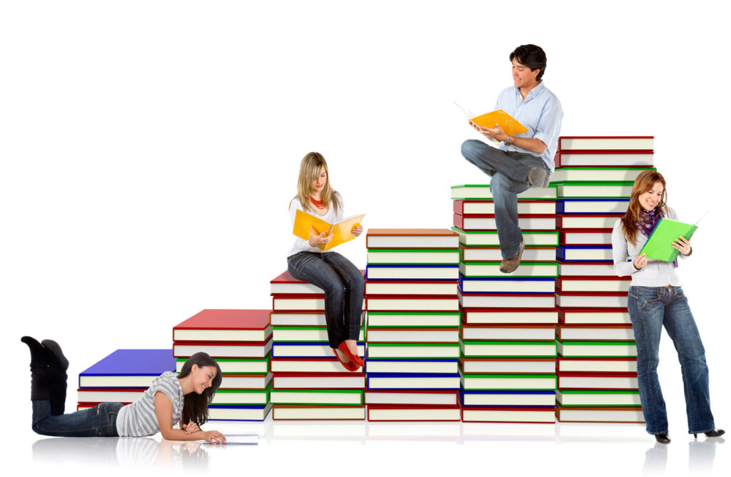 Students climbing books symbolising academic growth success